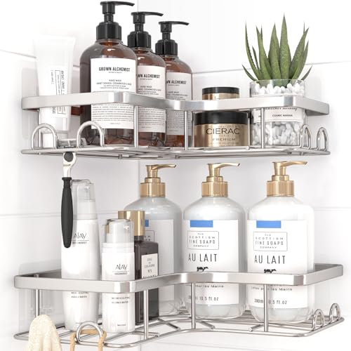 Kitsure Corner Shower Caddy - 2 Pack Rustproof Shower Organizer with Large Capacity, Drill-Free Adhesive Bathroom Shelves with Hooks, Sliver