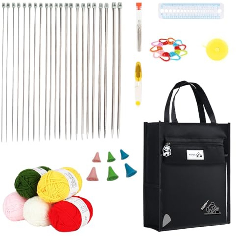 Eidoct Knitting Kit for Beginners, Professional Dishcloths Craft Kits | for Adults, 11 Pairs of 35cm Long Metal Knitting Needles 5 Balls of Yarn Basic Knitting Tools Panda Storage Bag