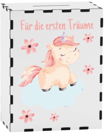 Holzspardose mit Foto und Beschriftung im UV-Druck, 10 x 6 x 13 cm (Einhorn)