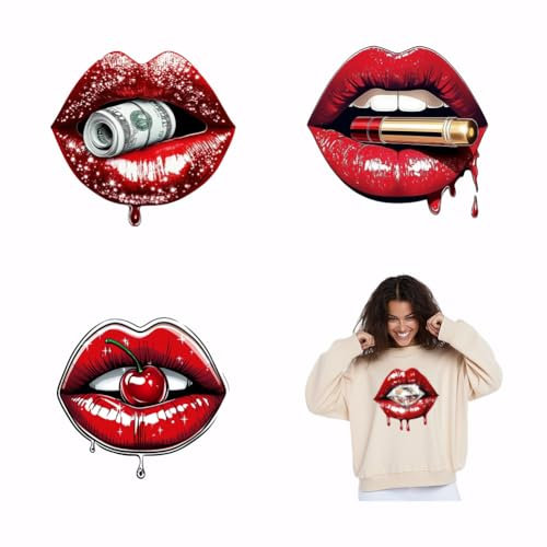 SUPERDANT 4PCS Lip Iron On Transfer Patches Red Lip Heat Transfer Stickers DIY Iron On Decals Washable Heat Transfer Paper for Clothing T-Shirt Backpacks Bag Pillow Decor Applique