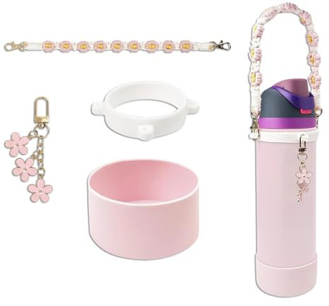 Huipalon 4 Pcs Cup Accessories Set for Owala Water Bottle 24OZ Silicone Boot for Owala Freesip Compatible with Owala Twist & Flip with Hand-Made Portable Strap & Floral Charm (Pink)