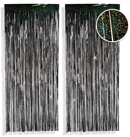 PHENO FLAGS 2 Stück Schwarzer Lametta Vorhang, 1x2,5m - Glitzernde Silvester-Deko im dunklem Metallic-Look, Lametta Girlande für Ihre Halloween-Party