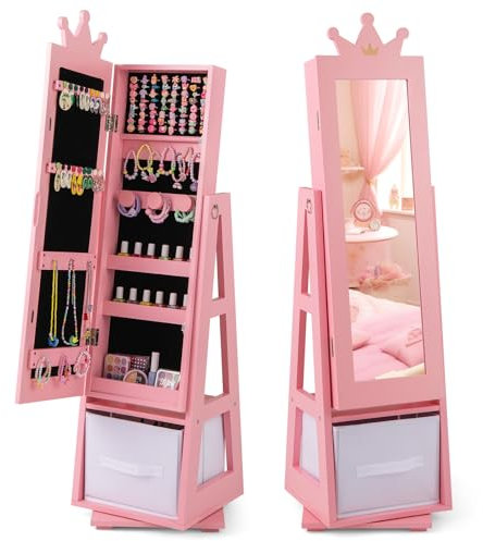 COSTWAY Kinder Schmuckschrank, 3 in 1 Spiegelschrank 360°drehbar mit Ganzkörperspiegel & Aufbewahrungskorb, Schmuckregal Schminkspiegel in Kronenform für Kinder ab 3 Jahren (Rosa)