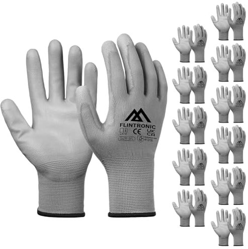 flintronic 12 Paar Arbeitshandschuhe, Nylon Arbeit Handschuhe für Herren und Damen, Beschichtete Gartenhandschuhe, mit PU-Beschichtung, Rutschfeste Handschuhe,für Bauarbeiter Mechaniker, Grau 9/L
