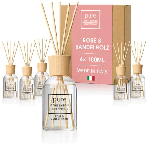 PURE ROOM EDITION 6X 100ml Rose & Sandelholz Raumduft SparBox | natürliche Inhaltsstoffe, vegan & tierversuchsfrei, Bio-Alkohol, Diffuser mit Stäbchen hergestellt in Italien