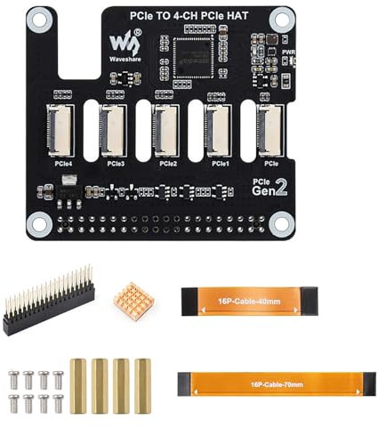 PCIe to 4-Channel PCIe HAT Adapter for Raspberry Pi 5, PCIe Expansion Board with 16PIN Cable, Supports Multi-HAT Stacking, Gen2 Interface, Flexible PCIe HAT Configuration