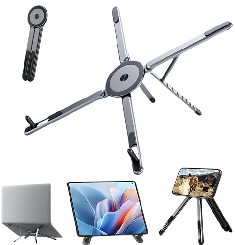 ARQIZ Laptop Stand for Desk – Lightweight Aluminum Alloy Notebook Riser with Phone Holder, Portable Foldable & Extendable Stand for Laptop, with Magnetic Mobile & Tablet Grip
