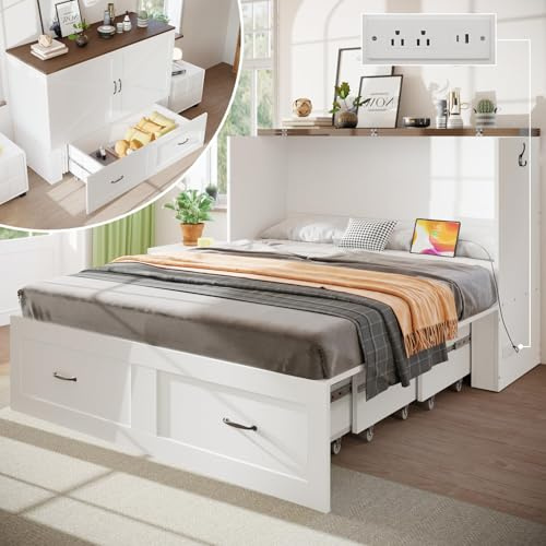 KCGKCG Full Size Murphy Bed with Storage & Charging Station, Murphy Cabinet Bed with Drawer for Guest Bedroom, Living Room, Office or Small Room, Full Foldable Platform Bed (White, Full)