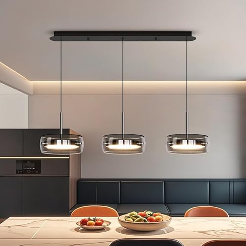 MyLjp LED Pendelleuchte Esszimmer Dimmbar, Modern Glas Hängelampe Esstischlampe Linear Design Hängeleuchte Mit Fernbedienung Höhenverstellbar Hängelampe Für Wohnzimmer Schlafzimmer Küche(3 heads A)