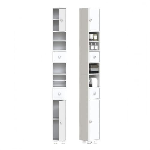 ZECIIYE Badezimmerschrank Schmal,Badschrank Schmal Weiß,Badhochschrank,Badmöbel Für Kleine Bäder mit 2 Türen,2 Schublade und verstellbaren Ablagen,MDF,20X20X180 cm