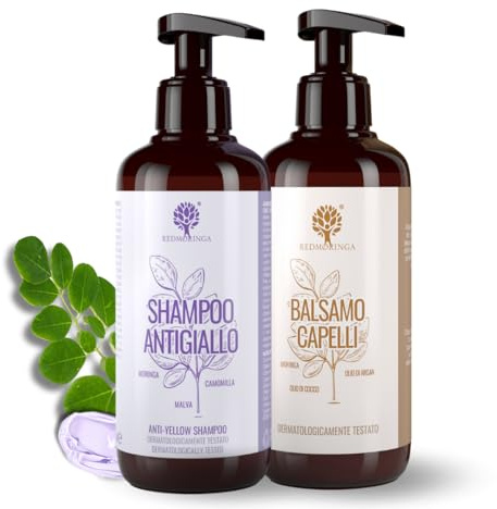 Bio-Shampoo gegen Gelbfärbung, 250 ml + regenerierender Conditioner 200 ml, natürliches Shampoo für gelbe, weiße und gebleichte Haare, ohne SLS, Silikone und Parabene, mit Moringa, Kamille und Argan