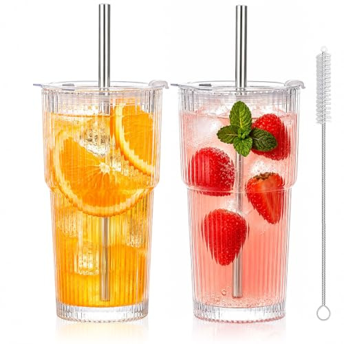 4 Stück 600ml Gerippte Trinkbecher mit Deckel und Strohhalm, Matcha Gläser, Smoothie Becher, Kaffeegläser, Große Glasbecher, Teegläser Set, Coffee To Go Becher, für Latte, Eiskaffee, Macchiato (4)