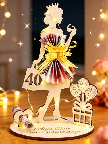 40 Geburtstag Frauen Geldgeschenke, mit LED Lichterkette | Holz Frauen Silhouette Geldgeschenk - Alles Gute zum Geburtstag