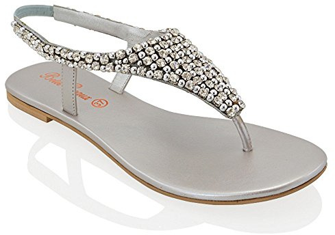 Ladies Flat Diamante Toe Post Slingback Womens Pearl Holiday Dressy Party Sandals Size 3-9
