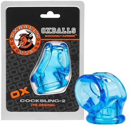 Oxballs Original COCKSLING-2 - Intense FLEXtpr Cockring Ball Stretcher Sling - Squishy Stretchy Grip That Enhances Your Package and Nuts for a Massive Throbbing Bulge, Ergonomic Fit for Men - Ice Blue