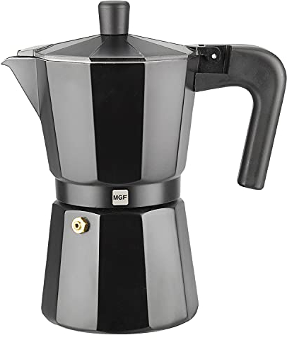 MAGEFESA Kenia Noir - Cafetera Italiana Negra 6 Tazas, 300ml, Aluminio Esmaltado, Cocinas de Gas, Vitrocerámica y Eléctricas, NO APTA PARA INDUCCIÓN