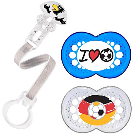 MAM Set - Original Silikon Fussball Schnuller Doppelpackung 6-16 Monate & DFB Clip Fussball WM 2018