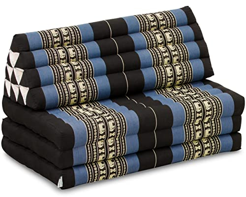 livasia Thaikissen 3 Auflagen für Paare XXL - 190x80x8cm - Dreieckskissen Klappmatratze, extrabreit Kapok, Rückenkissen faltbar, Thaimatte zum Klappen, Meditationskissen (Blau/Elefanten)