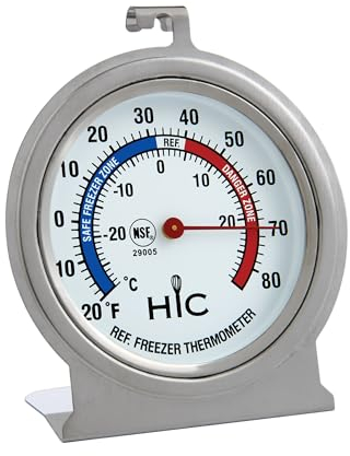HIC Harold Import HIC Kühlschrank-Gefrierschrank-Thermometer, großes 6,3 cm (2,5 Zoll) leicht ablesbares Zifferblatt mit sicherer Temperaturleitung, Edelstahl