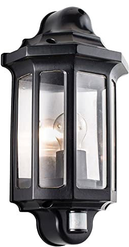 National Lighting Black Outdoor Security Lights - PIR External Wall Light - Motion Sensor Presence Detector Half Lantern Garden Porch Wall Lamp - IP44 Rated 60W GLS ES or LED E27 (Not Included)