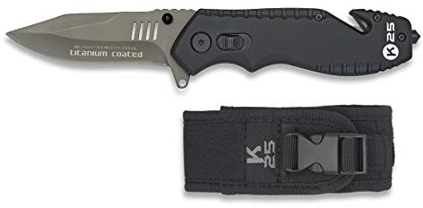 K25-19801- Navaja Plegable Negra K25. Hoja:8.4 cm - Herramienta para Caza, Pesca, Camping, Outdoor, Supervivencia y Bushcraft