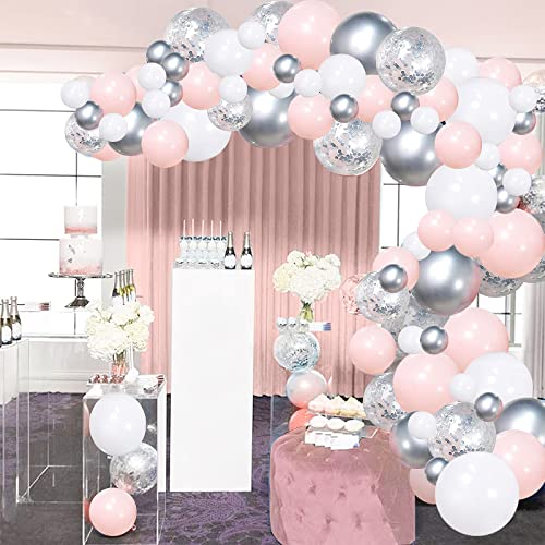 Balloon Arch Kit Pink Rose White Silver Balloons Garland Kit 100pcs Helium Confetti Metallic Balloons Arch Set with 16ft Tape Strip & Dot Glue for Girl Wedding Birthday Baby Shower Party Decorations
