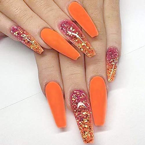 Brishow Cercueil Faux Ongles Orange Longue Faux Ongles Ballet Couverture Complète Acrylique Coller sur Les Ongles 24pcs pour Femmes et Filles