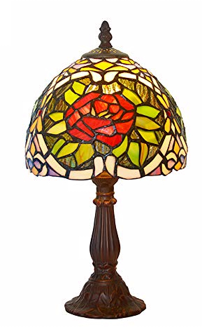 BOTOWI Mini Tiffany Stil Buntglasplatte Lampe 8 Zoll Rose Wisteria Shade Dekoration Lampe Für Wohnzimmer, Schlafzimmer Nacht, 110V-220V, Zinklegierungsbasis,Rose 2