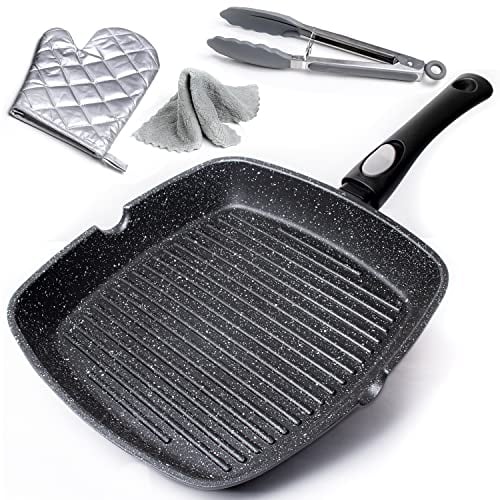 Chef Wonderful Non-Stick (28cm) Griddle Pan for Induction Hob, Marble Coating & Detachable Handle. Aluminium Steak Pan for All Induction Hobs with Glove & Cloth. Suitable for Gas & Oven Grilling