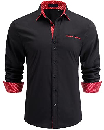 Enlision Chemises pour Hommes Habillées Manches Longues Chemise Casual Regular Fit Chemises Noir/Rouge S