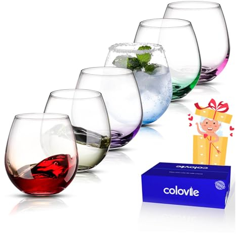 ColoVie Weingläser ohne Stiel, große farbige Weingläser, kurzes Weinglas-Set für Rotwein, Weißwein, Rot, Margarita-Gläser ohne Stiel, 425 ml, 6 Stück