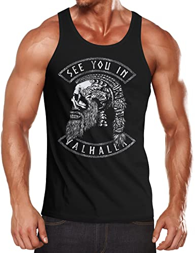 Neverless® Herren Tank- Top Wikinger Spruch See You in Valhalla Odin Ragnar nordische Mythologie nordische Mythologie Muscle Shirt schwarz XL