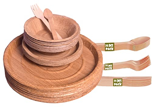 Zig Zag Set di stoviglie usa e getta compostabile, ecologico, 25 pezzi, include piatti di carta, ciotole, forchette, coltelli e cucchiaio..