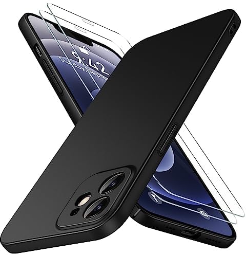 Natiiozie Ultra Dünn Kameraschutz Handyhülle Kompatibel mit iPhone 12 Hülle mit 2 Stück Schutzfolie, Hart Slim Leicht Matte Case Kratzfeste Anti-Fingerabdruck Schutzhülle - Schwarz