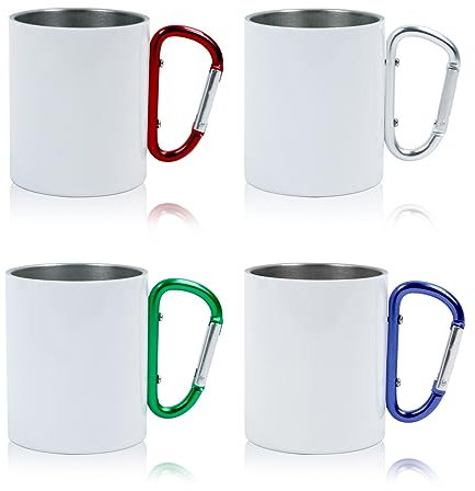 MAIKESUB 4 Pcs Sublimation Blank Stainless Steel Carabiner Mug 10 OZ with Different color handles Travel Coffee Mug Portable Backpacking Camping Cup with Handle for Outdoor Sports Travel Hiking mug