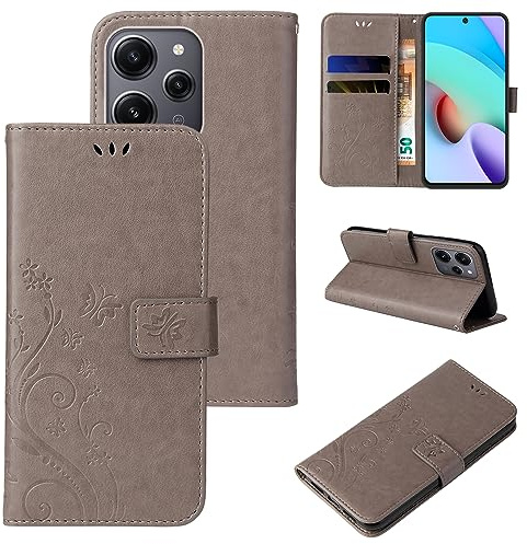 LBH Handy Hülle für Xiaomi Redmi 12 Case Handytasche Schmetterling Blumen Flower Standfunktion Schutzhülle Magnet Rundum Schutz 360 Grad Flipcase Cover Grau