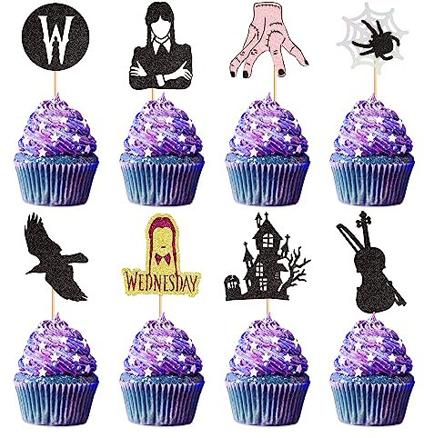 32 Pcs Wednesday Addams Happy Birthday Kuchen Dekoration Glitter Wednesday Addams Kuchen Dekoration Spinnennetz Thing Hand Mittwoch Mädchen Cake Topper für Fantasy Horror Mittwoch Kinder Geburtstag