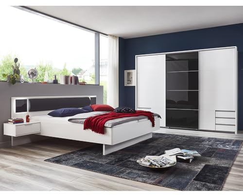 Lomadox Schlafzimmer Set 2-teilig mit Bett 160x200, LED-Beleuchtung, Schwebetürenschrank 273cm mit Passepartout in weiß mit Graphit