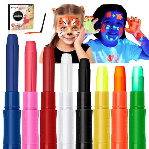 Beesjuy Schminkstifte für Kinder, Abwaschbare Kinderschminke, Sicher und Ungiftig, Babybauch Bemalen Farbe, für Geburtstagsfeie/Halloween/Weihnachten/Fasching, Einfach zu Verwenden 8 Stück (3UV)