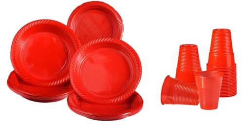 DETERMONDO Set 190 Piatti Natalizi – 90 Piatti Piani Rossi, 50 Piatti Dessert, 50 Bicchieri Plastica Rossi – Servizio per 12 Persone o Più, Feste Natale, Elegante, Riutilizzabile