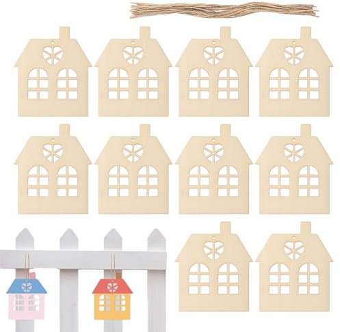 CENMOO Holzhaus-Ausschnitt, Holzhaus-Tags, Unvollendete Holzausschnitte 10 Stück, Holzanhänger zum Basteln, unfertige Holzausschnitte, Leere Holzornamente, leicht, DIY-Funktion, leer, Haus