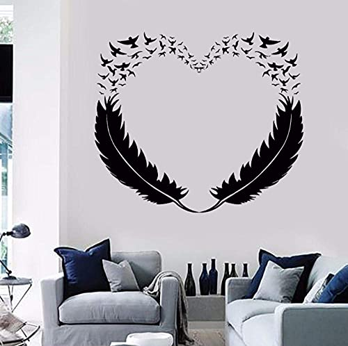 PiWine Vinyl-Aufkleber mit Feder und Herz, Dekoration von Liebe, Vogel, romantisch, Zimmer, selbstklebend, wasserdicht, 65 x 56 cm