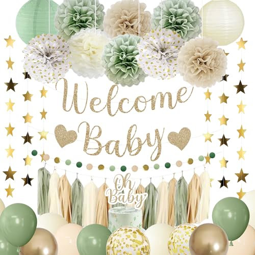 Amandir Sage Green Baby Shower Decorations Welcome Baby Banner