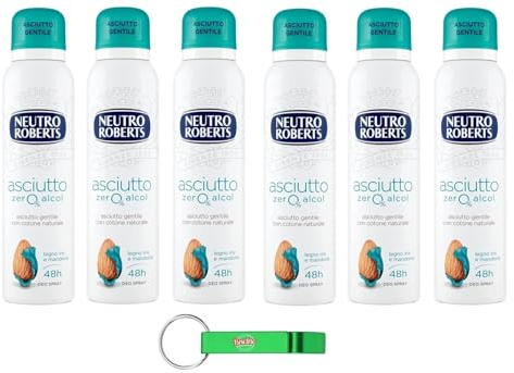 6x Neutro Roberts, Deodorante Asciutto Spray Iris und Mandel, Ohne Alkohol und mit Rockalaun, Anti-Schweiß-Geruch,Deodorant Unisex 150ml + Beni Culinari Kostenloser Schlüsselanhänger