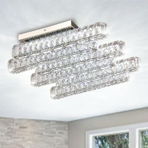 Cainjiazh Moderne Kristall-Kronleuchter 6 Lichter LED Flush Mount Deckenleuchte Rechteck Kristall in der Nähe der Decke Leuchten für Wohnzimmer Schlafzimmer 56cm (Cool White)