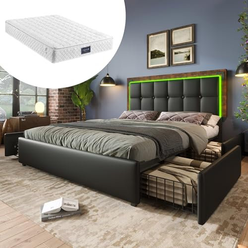 MYBOO Polsterbett Doppelbett 140x200, Bett mit 4 Schubladen&LED-Beleuchtungsleiste&Höhenverstellbarem Kopfteil&Lattenrost, Stauraumbett Funktionsbett Bettgestell Jugendbett, PU, Mit Matratze, Schwarz
