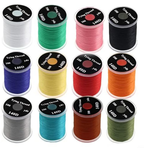 Zoegneer 6/12 Stück Fliegenfischen Haken Bindschnur 140D Haken Bindematerial Standard Spule Fliegenbinden Faden Kit für trockene nasse Fliegen Nymphe (12 Stück)