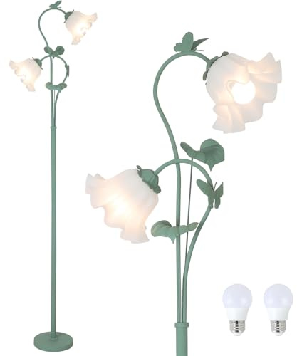 HMVPL Lampadaire en forme de fleur pour salon, lampe sur pied vintage avec 2 ampoules LED de 5 W, interrupteur à pied, lampe verte avec abat-jour en acrylique, lampe haute florale unique pour salon
