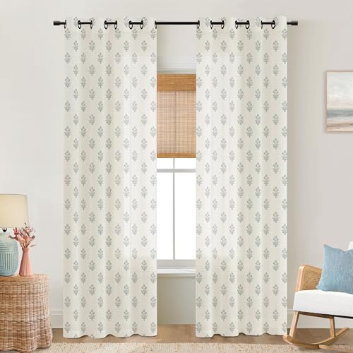Lino Rosa Graue Moderne Vorhänge mit Blumenmuster für Wohnzimmer, Landhaus-Muster, hellblau, grau, Blumendesign, durchscheinend, Beige, Weiß, Grand Millenial Boho, Shabby Chic, Vorhänge für