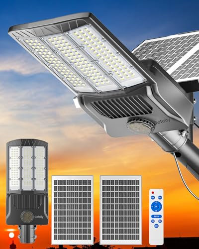 Gefolly SL-8900W Solaire Exterieur Lampadaire-550000LM Lumière Solaire avec Télécommande, 6500K Crépuscule à l'Aube Étanchéité IP67 Projecteur LED Jardin Lampe Pour Rue Garage Éclairage Public